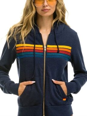 Aviator Nation 5 Stripe Zip Hoodie Sweatshirt Medium